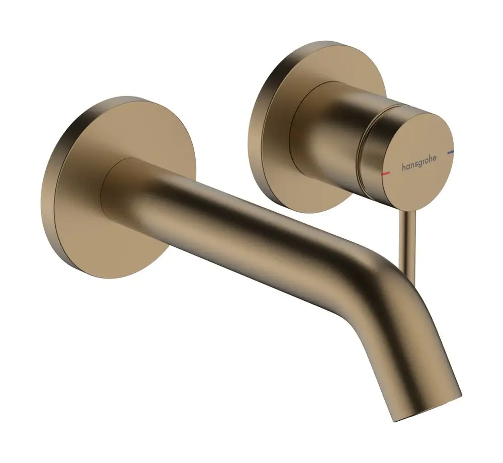 Wandmontierter Einhand-Waschtischmischer von Hansgrohe in gebürstetem Bronze-Finish mit einem langen Auslauf und Drehgriff zur Temperatureinstellung.